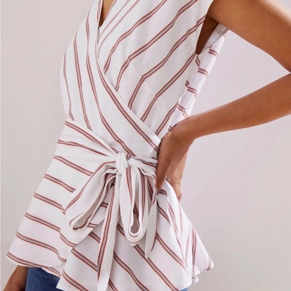 LOFT White and Brown Striped Wrap Blouse
